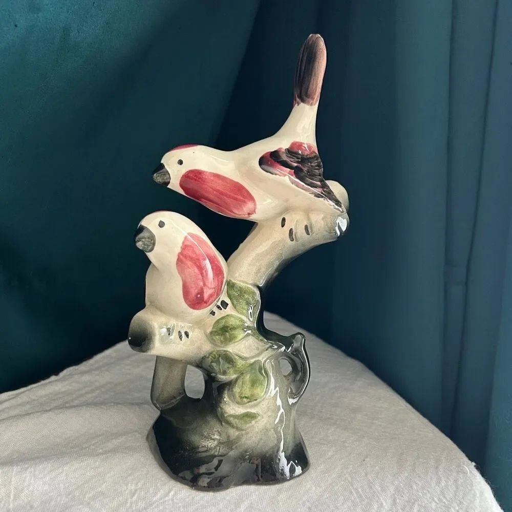 Vintage MCM Maddox of California Pottery Ceramic Rosy Birds Statue Figurine